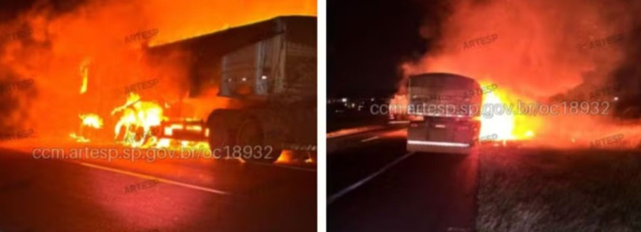 Carreta carregada com açúcar pega fogo e interdita rodovia