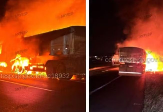 Carreta carregada com açúcar pega fogo e interdita rodovia